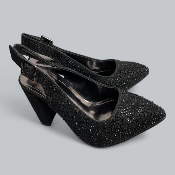 Valenti Franco Black Glitter Beaded Slingback High Heel Shoes Women's 7.5 NEW - Picture 2 of 11